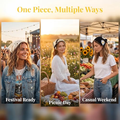 3 Pcs Daisy Crochet Bandana, Cute Bandanas for Women, Flowers Crochet Head Scarf, Floral Head Scarf for Women's Hair Styling Decor (3 Styles) - color: Beige,black,white-style3