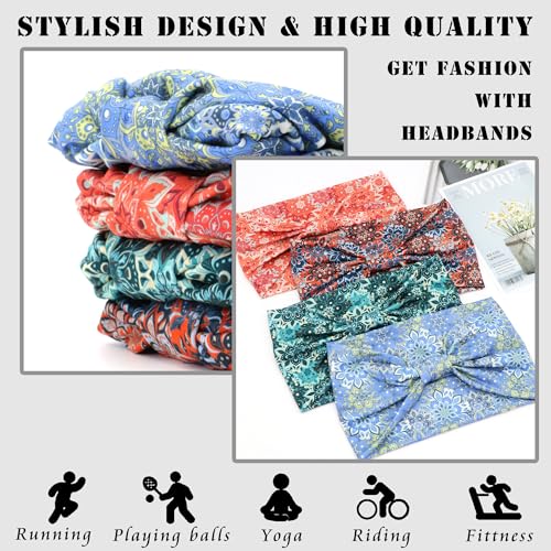 FULZTEY Boho Headbands for Women Fashion Floral Headwraps Knotted Wide Hairbands Large African Bandana Elastic Workout Yoga Sweat Head Band Cotton Thick Turban Cute Hair Accessories 4Pcs - color: Style 109