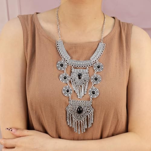 Bethynas Bohemian Ethnic Tribal Chunky Necklace Multilayer Long Tassel Turquoise Statement Neck Chain Retro Coin Gemstone Exaggerated Costume Accessories for Women - color: C-Black