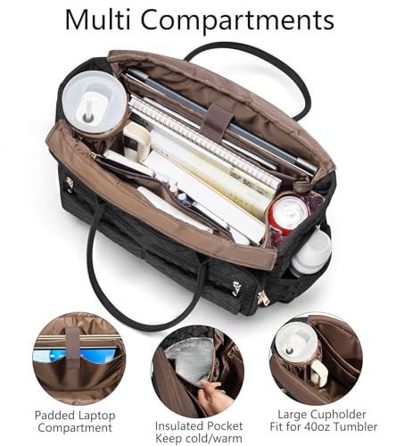 Bagstellar Teacher Bags for Women, 15.6 inch Laptop Work Tote Bag Quilted Nurse Bible Computer Shoulder Bag for School Travel | Dream Tote Work Bag - color: Black
