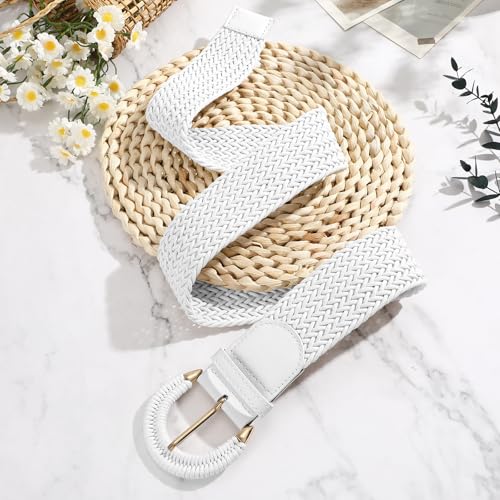 SANSTHS Women Wide Woven Belt for Dresses Fashion Rattan Braided Waist Belt Straw Raffia Boho Belt for Jeans - color: C-white, size: Fits waist size 45‘’-49"