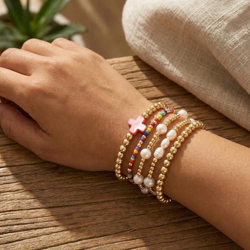 Gold Beaded Cross Bracelet for Women, 14K Plated Adjustable Stackable Dainty Bracelets, Non Tarnish Fashion Jewelry Set Gifts for Women Birthday Friendship - color: Colors-3