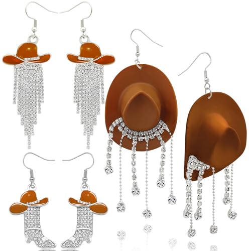 RechicGu 3 Pairs Western Cowgirl Cowboy Hat Earrings Set Silver Symmetric Boots Sparkly Rhinestone Tassels Drop Dangle Rural Culture Earrings Set For Women - color: Silver Boots,Brown Hat