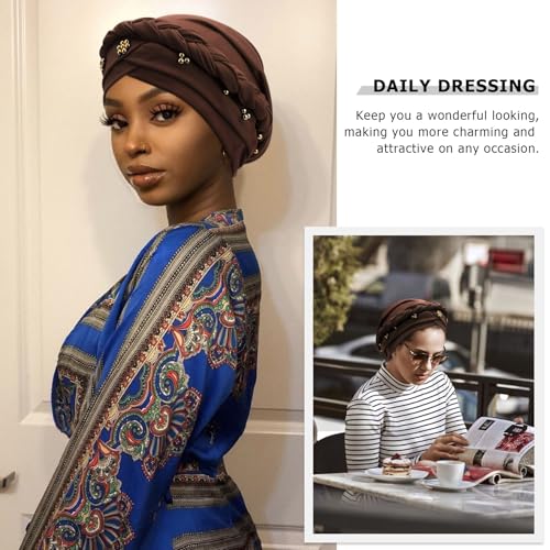 African Women Turban Caps Pre-Tied Twisted Turbans Head Scarf for Women Hair Wraps Cover Beanie Cancer Chemo Headwear - color: 1 Pack Twisted Braid: Gold Bead Coffee