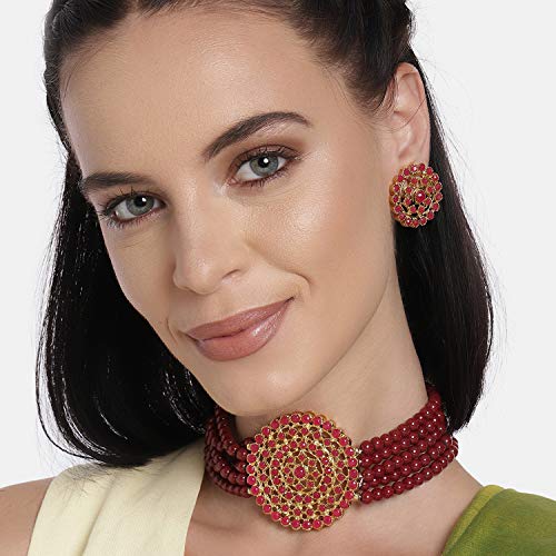 Aheli Pearl Diamond Choker Necklace & Round Earrings Gift for Women Indian Traditional Bollywood Fashion Bharatanatyam jewellery set - color: Maroon 2