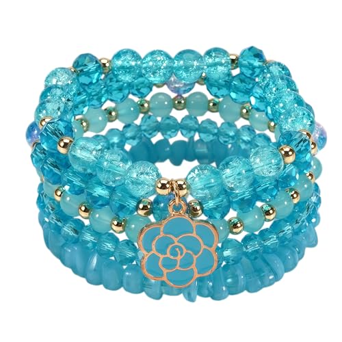 LOTSOF Boho Flower Beaded Bracelet Set for Women - Multilayer Crystal & Flower Charm Stackable Bracelets, Fashion Jewelry Gift for Her - color: Blue