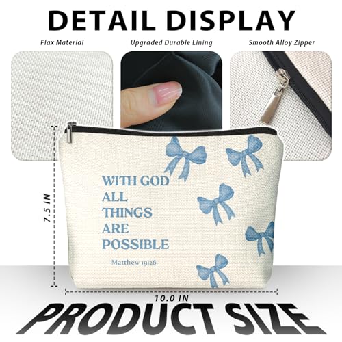 Coquette Blue Bow Christian Makeup Bag, With God All Things Are Possible Cosmetic Bags for Women, Christian Bible Verse Gifts for Women, Preppy Aesthetic Zipper Makeup Pouch - color: 01-With God All Things Are Possible(Blue Bible)