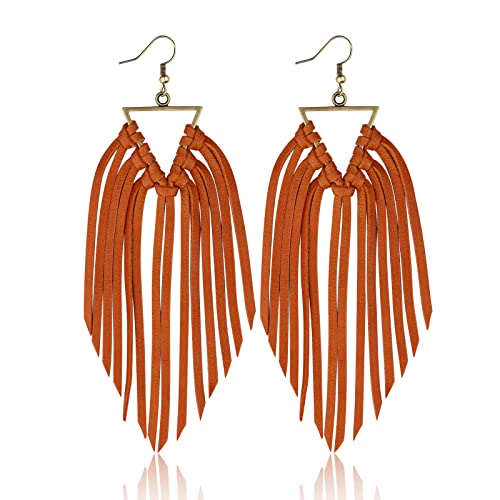 Fringe Leather Earrrings Triangle Deerskin Leather Boho Western Statement Dangel Earrings for Women - color: Brown
