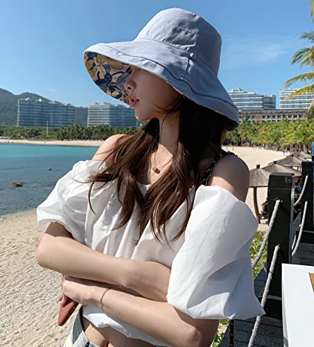 HUAMULAN Women Summer Sun Hat Wide Brim Wired Edge Floral Beach Bucket Hats Reversible Foldable Travel UV Protection Lady Hat - color: M1744-lightblue