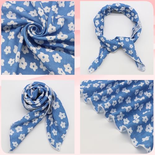 Bandanas for Women Men 21"x21" Floral Headband Scarf Versatile Hair Bandana Square Head Scarf - color: White Flowers in Sky Blue