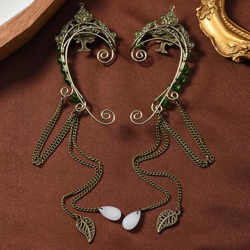 Elf Ear Cuffs, OwMell Handcraft Silver Pointed Fairy Elven Cosplay Fantasy Costume Bridal Wedding Earrings for Non Pierced Ears - style: Tree & Green Beads