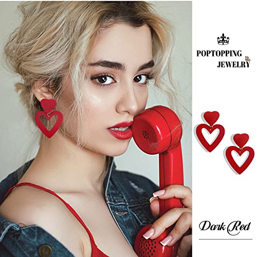 Double Heart Earrings Dangling Heart Drop Earrings For Women Love Heart Dangle Earrings Birthday Gift - color: Dark Red