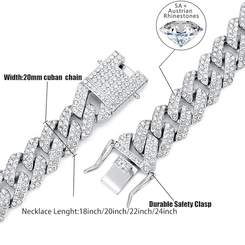 HIPBLING Miami Cuban Link Chain Bracelet Set for Men Rhinestone 2 Pcs Cuban Necklace Bracelet Silver Plated 20mm Iced Out Cuban Chain for Men Women Jewelry Set Gift - style: 18 inch