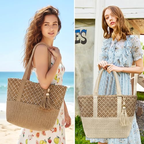 YAMEIZE Straw Woven Beach Shoulder Bags for Women Big Foldable Straw Tote bag Lightweight Raffia Bag with Zipper Summer - color: Beige