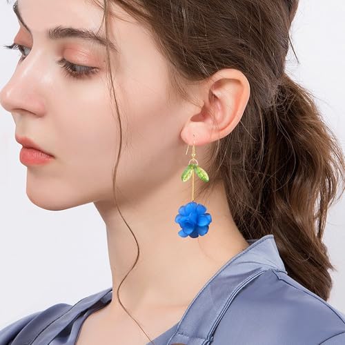 Resin Flower Cluster Ball Dangle Drop Earrings for Women Spring Summer Bohemian Floral Petal with Green Leaf Earrings Vacation Party Jewelry - color: Royal Blue