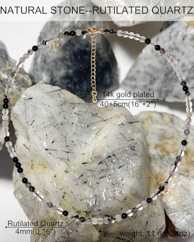 Simple Choker Necklace for Women Real Stone and Crystals Necklaces 4mm Beaded Choker Jewelry Meditation Gift for Women (16"+2") - style: Black Rutilated Quartz