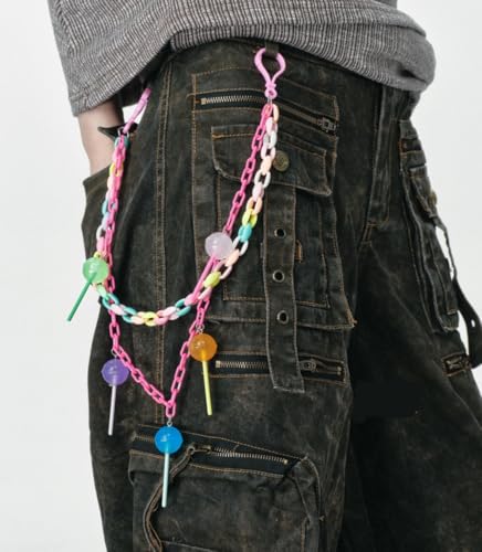 Rainbow Lollipop Charm Hip Hop Punk Jean Pant Chain for Woman Men Colorful Acrylic Chunky Layered Candy Tassel Rock Street Trousers Pocket Wallet Chains Gothic Belt Body Jewelry Keychain Accessories