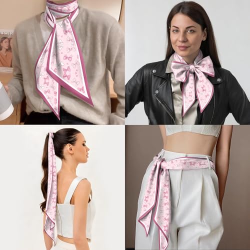 Head Hair Scarf Neck Silk Feeling Scarves Long Thin Satin Fashion Handbag Cute Decoration Women Girls 59 * 6.7'' - color: O-15-pink