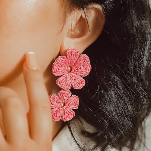 Boho Flower Earrings Statement Raffia Dangle Earrings Cute Floral Jewelry Trendy Summer Beach Vacation Outfits for Women - color: Rose