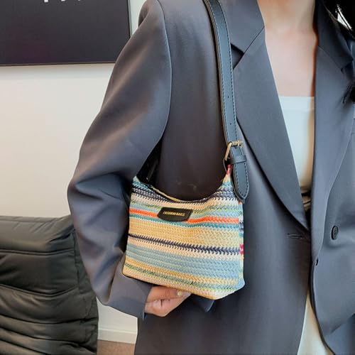 Women's Woven Beach Shoulder Handbag Colorful Straw Tote Bag Summer Vacation Crossbody Bag - color: 9706black