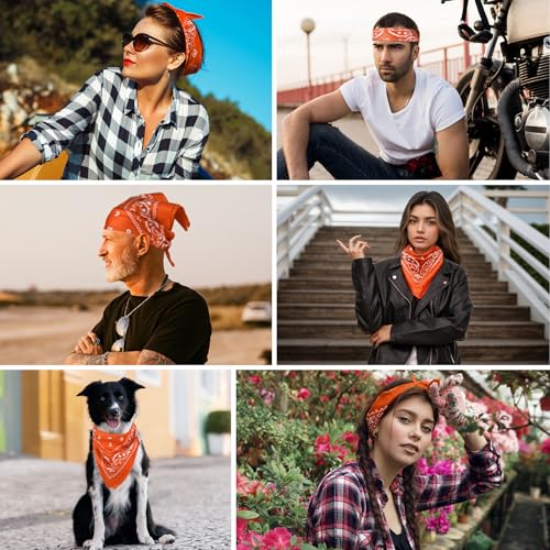 PLULON Bandanas for Men Women 4/12/24/30 Pack, Paisley Pattern Bandana Bulk Headbands Handkerchief Face Mask 100% Polyester - color: Orange