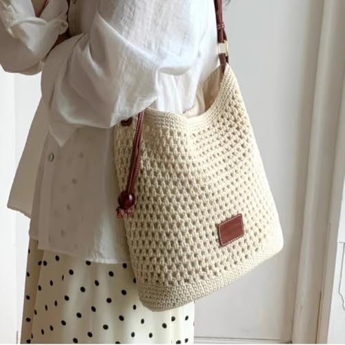 Cotton Fibre Crochet Beach Tote Bag for Vacation,Bohemian Cotton Hobo Shoulder Bag Casual Woven Purse for Women - color: Beige Shoulder Bag