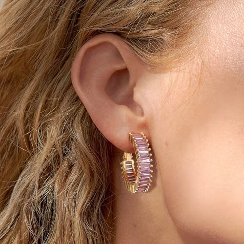 Trendy 14K Gold Plated Hoop Earrings for Women, Chunky Gold/Silver Earrings for Women Cubic Zirconia Baguette Hoop Earrings Heart Hoops Lightweight Hypoallergenic Jewelry,25mm/35mm/40mm/50mm - color: 01 Gold Purple Hoops 25mm