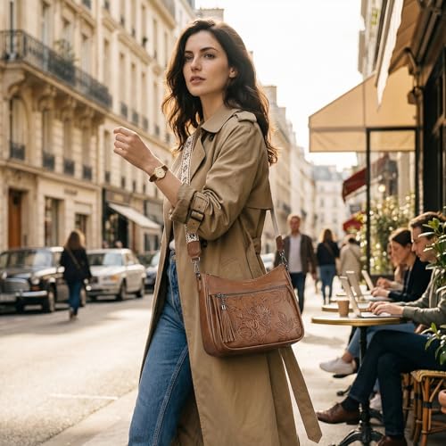 Crossbody Bags for Women, Vegan Leather Medium Crossbody Purse, Spacious Daily Travel Shoulder Bag with Boho Strap - color: Brown