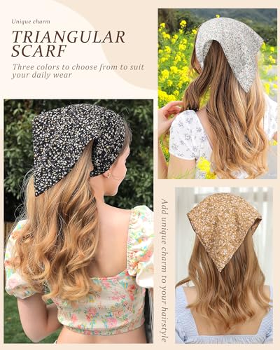 HAIMEIKANG Floral Hair Scarf Headbands for Women Boho Bandanas for Women Triangle Kerchief Solid Color Hair Bands Vintage Head Scarf (Beige+Yellow+Black) - color: Beige+Yellow+Black