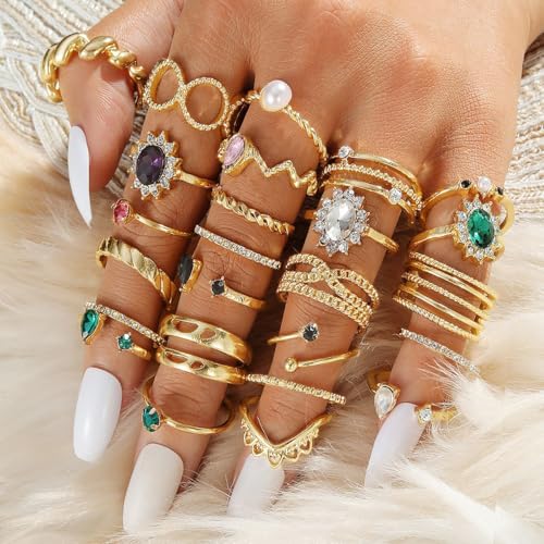Vintage Gold Knuckle Rings Set for Women Sparkling Colorful Crystal Gemstone Rings Boho Stackable Open Ring Set Fashion Jewelry Accessary - color: Gold