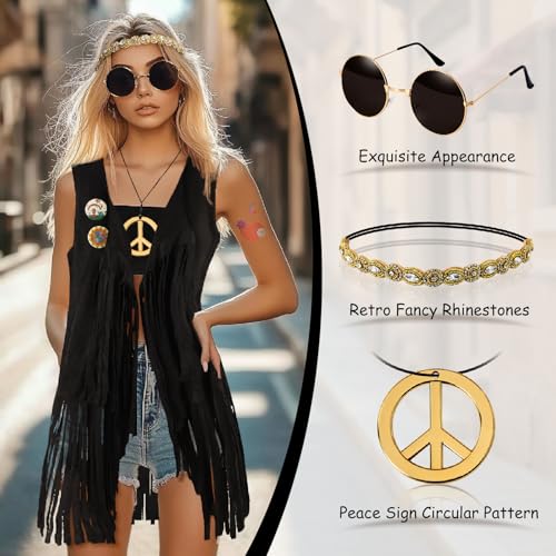 60s 70s Outfits for Women Hippie Costume Clothes Set 70s Costume Tops Women Fringe Hippie Vest for Halloween - color: Black Vest, size: Large