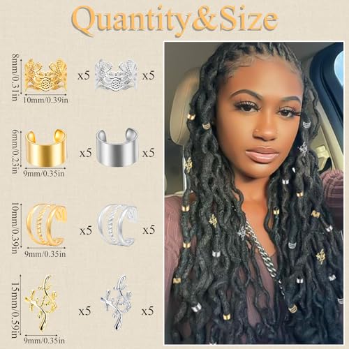 40PCS Hair Jewelry for Braids Gold&Silver Hair Cuffs Adjustable Braid Jewelry Non-Piercing Ear Clips Multi Style Loc Dreadlock Accessories for Women and Girls - color: Gold&Silver