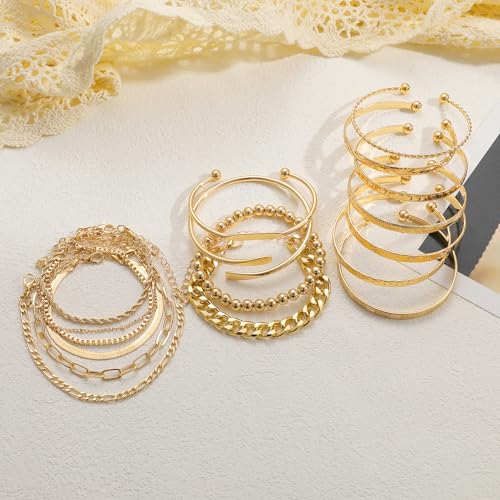 FAXHION 68 Pcs Gold Jewelry Set for Women with 7 Necklace, 17 Bracelet, 5 Hoop Earrings, 15 Stud Earrings, 24 Knuckle Rings for Women Jewelry Set for Women Gift - color: gold jewelry pack