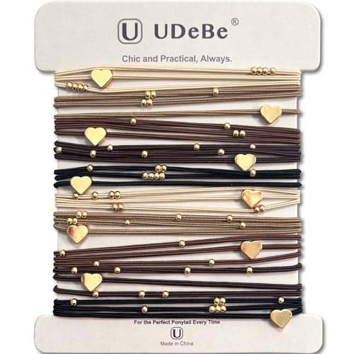10 Packs Heart Hair Ties with Gold Beads – Thin Elastic Ponytail Holders Hair Accessories for Women - color: Heart-Basic
