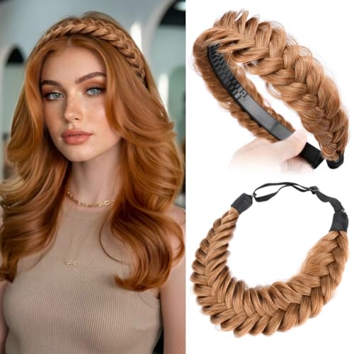2PCs Braided Headband with teeth Handmade Messy Wide Synthetic Hair Elastic Stretch Fluffy Hairpiece for Brides (Strawberry Blonde) - color: Strawberry Blonde