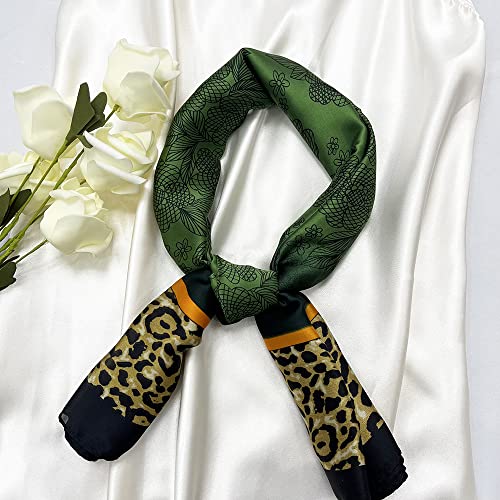 Julunar Silk Like Head Scarf for Women - Satin Large Hair Scarves - 35" Square Silk Hair Wrap for Sleeping with Gift Packed - color: A012-1 Leopard Green