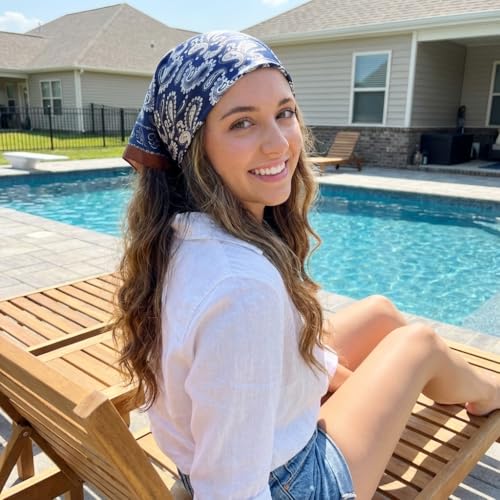 Women's Small 21 inch 100% Silk Scarf Bandana for Head Neck Hair | 100% Mulberry Silk Lightweight Designs Gift-Ready Packaging For Hair Fashion 21"x21" Printed - color: 205navy White