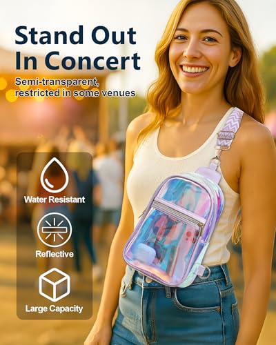 PACKISM Clear Sling Bag Stadium Approved - Clear Bag for Stadium Events & Holographic Bag for Music Festivals Jacquard Strap - color: Pink