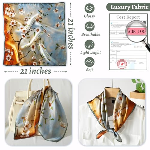100% Mulberry Silk Neck Scarf 21''x21'' Small Square Hair Scarf for Women Men Lightweight Bandana Envelope Package - color: Flower Pattern-brown