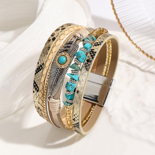 VIBILIA Boho Leather Wrap Bracelets for Women Men Multi-Layer Bracelets with Strong Clasp Western Jewelry - color: 09-Gravel Feather-Gold