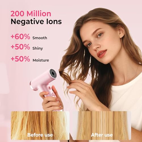 Mini Hair Dryer, 4-Temp High Speed Ionic Hair Dryer, 2-Speed Lightweight Portable Small Hair Drye, 110,000 RPM Hair Blow Dryer Travel Blow Dryer - color: Pink