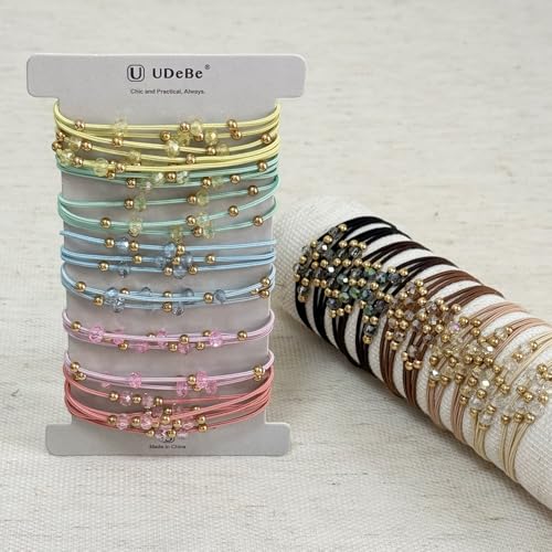 10pcs Brown Hair Ties with Gold & Crystal Beads, Thin Elastic Ponytail Holders for Women - color: Beige, Khaki, Brown, Dark Brown, Black
