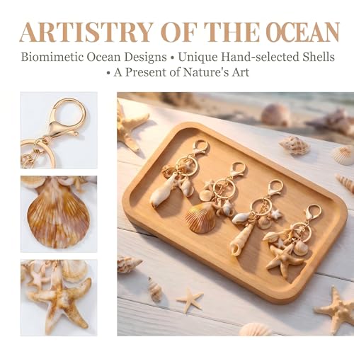 4 Pcs Ocean Themed Keychains for Women - Resin Seashell Starfish Boho Beach Bag Charms with Gold-Plated, Summer Vacation Purse Backpack Pendant Key Ring Gifts