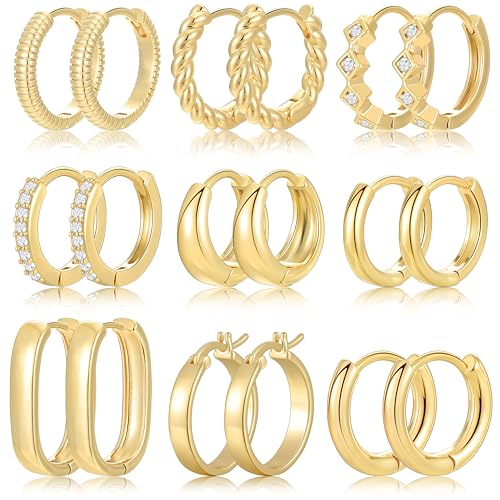 9 Pairs Small Gold/Silver Hoop Huggie Earrings Set for Women, 14K Gold Plated Chunky Hoop Small Earring Hypoallergenic Thick Open Lightweight Chunky Hoop Earrings Jewelry for Gifts - color: gold-2