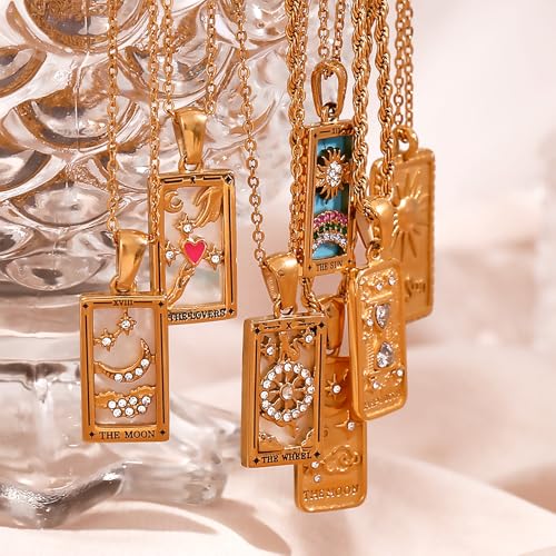 ORIGENCE 18k Gold Plated Tarot Cards Pendant Necklace - Vintage Colorful Charm Necklace Lucky Talisman Hypoallergenic for Women and Men Gift - style: The Sun