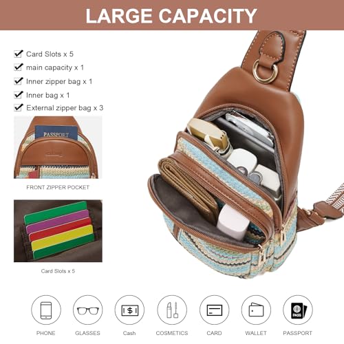 cakang Womens Sling Bag Crossbody Bags for Women Vegan Leather Sling Backpack Daypack Fanny Pack Crossbody Purse Travel - color: 8-rainbow Weaving-brown