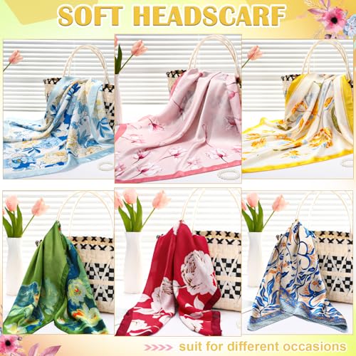 JATEBI 27''/35'' Women Large Satin Scarf Silk Feel Square Wraps Big Hair Bandanas Vintage Print Solid Color Bandana Scarves - color: Green, Blue, Red, Pink, Sky Blue, and Yellow Floral, size: 27'' Medium