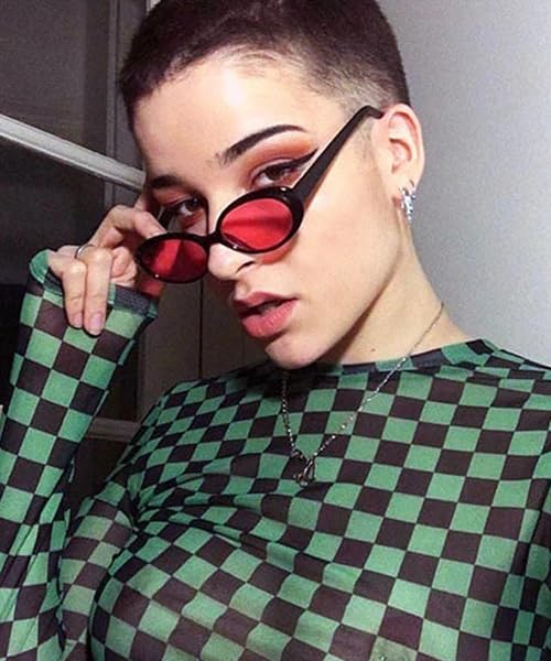 90s Sunglasses for Women Men Retro Small Oval Sunglasses - color: Black/Red