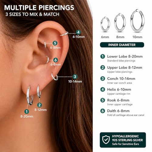 925 Sterling Silver Huggie Hoop Earrings for Women Men, Hypoallergenic Small Sleeper Hoop Earrings for Sensitive Ears, Lightweight Tiny Cartilage Helix Tragus Hoops 6mm 8mm 10mm - size: 2 pairs silver8mm/10mm