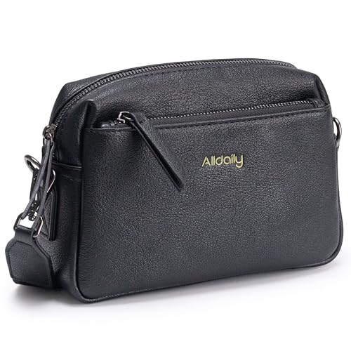 Alldaily Small Triple Zip Crossbody Purse for Women, Vegan Leather Phone Bag with Wide Shoulder Strap - color: Black
